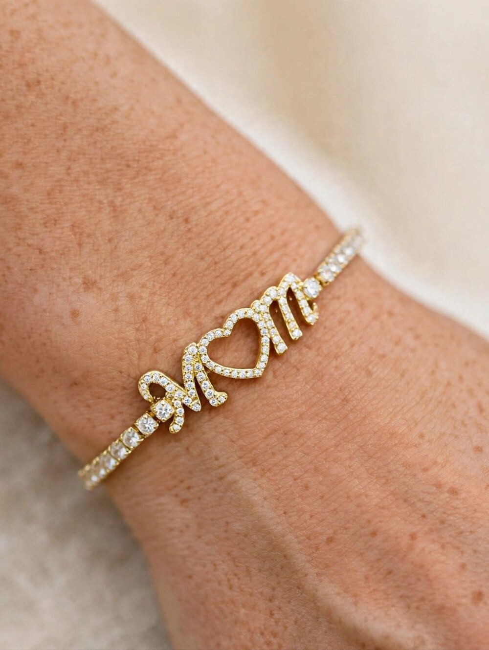Gold-Tone 'Mom' Heart Pavé Bracelet Made With Swarvoski Elements